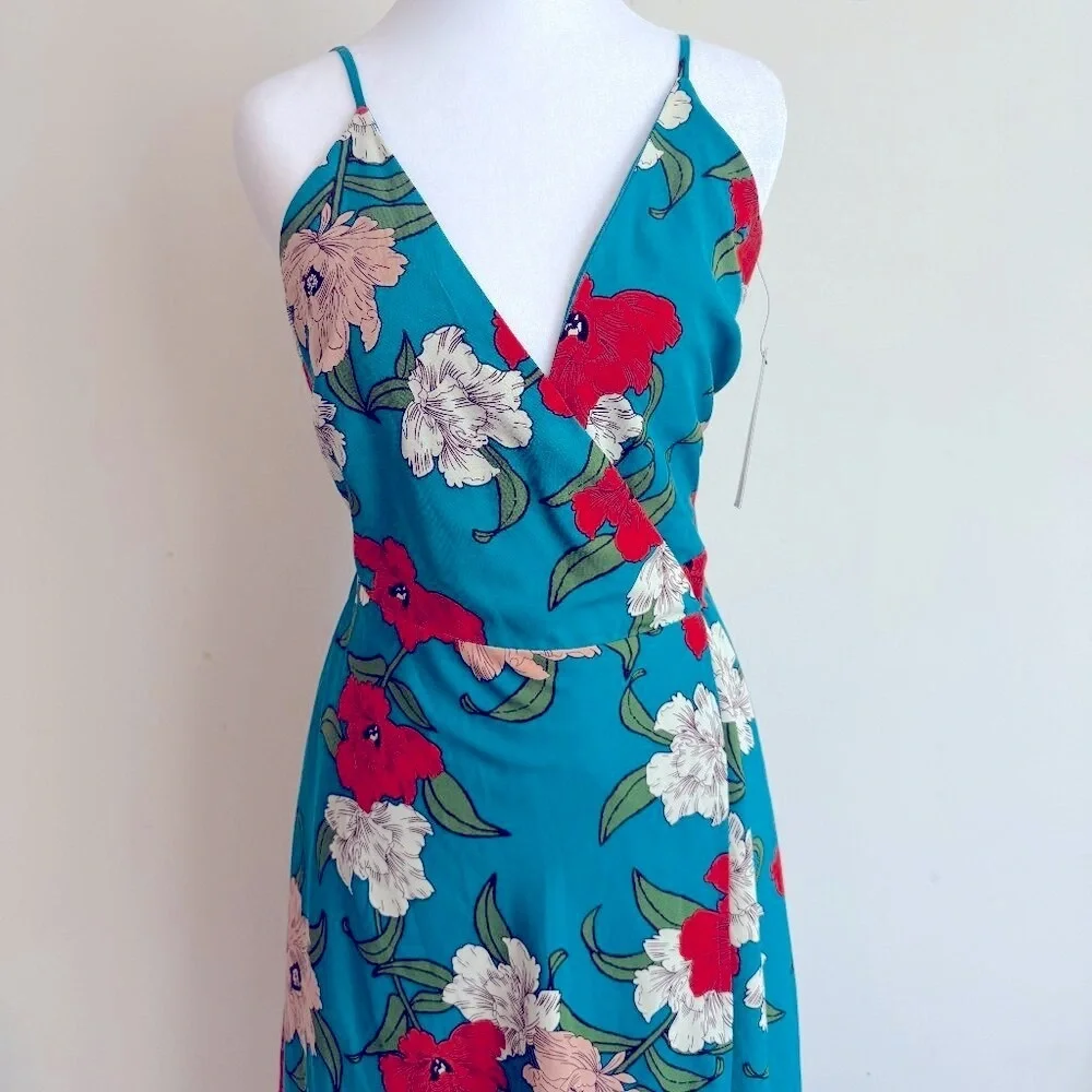 Lulus Country Club Teal Blue Floral Print Wrap Midi Dress Size S NWT - Picture 2 of 15